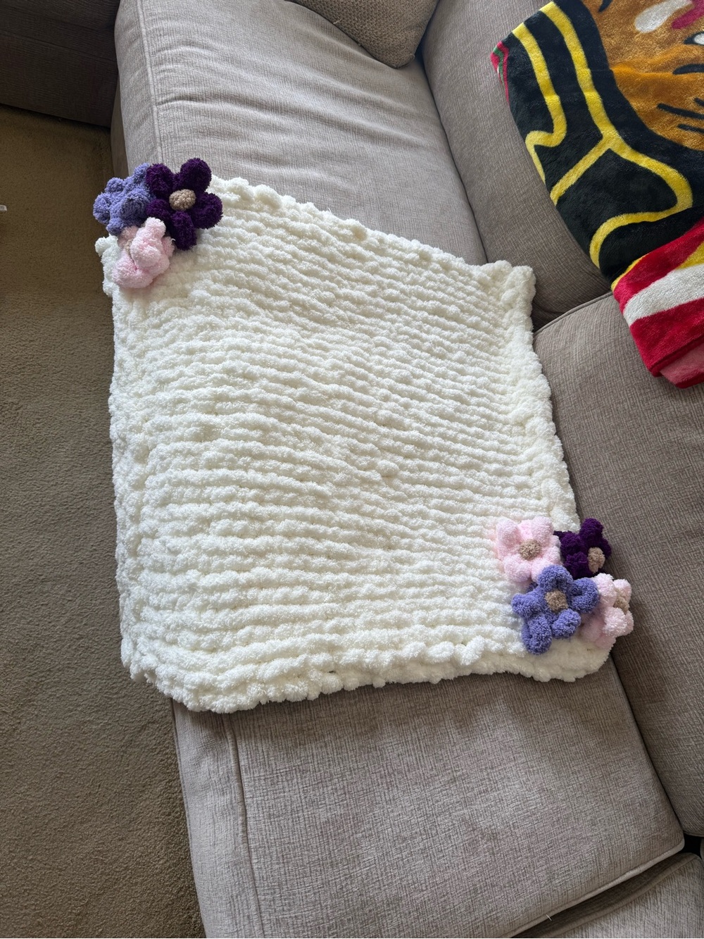 Handmade Cream Plush Throw with Decorative Floral Accents